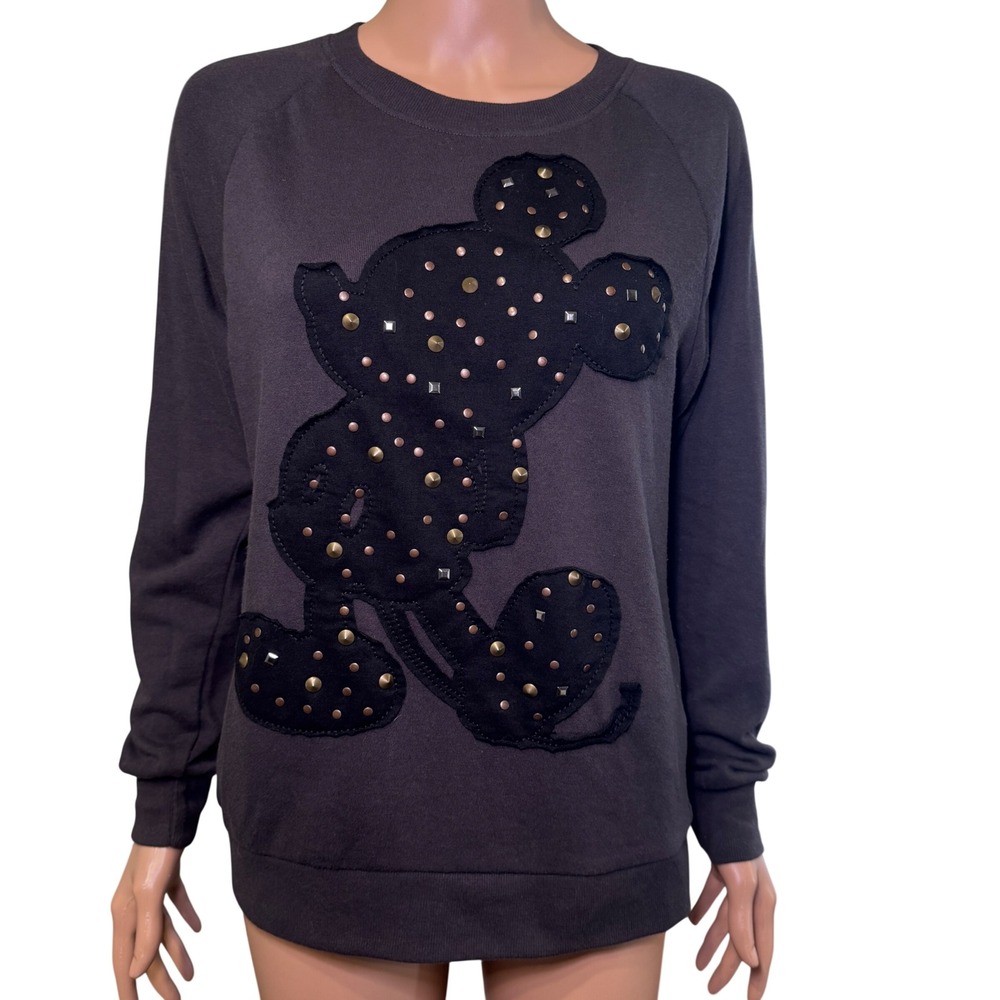 Disney Mickey Mouse Studded Applique Sweatshirt‎ Dark Gray Raglan Women Small